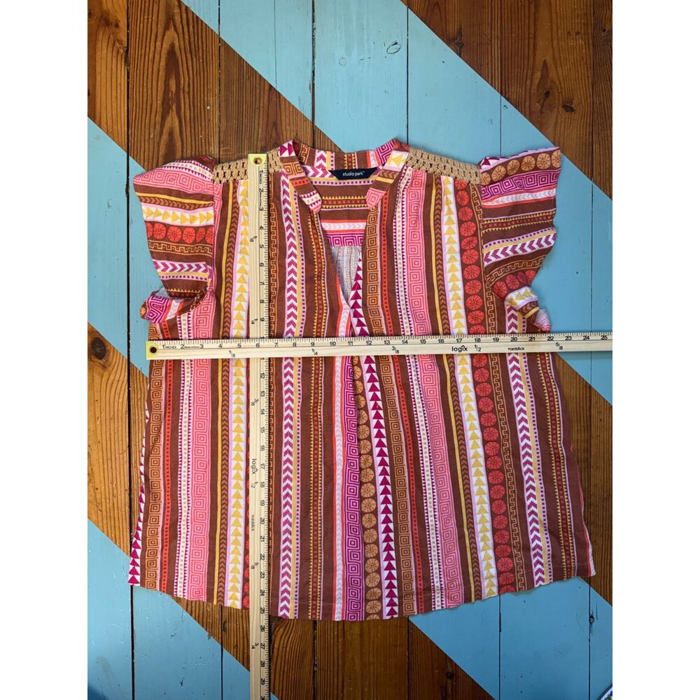 Studio Park Boho Printed Blouse Crochet Shoulder Detail Linen Blend Top - Picture 4 of 6